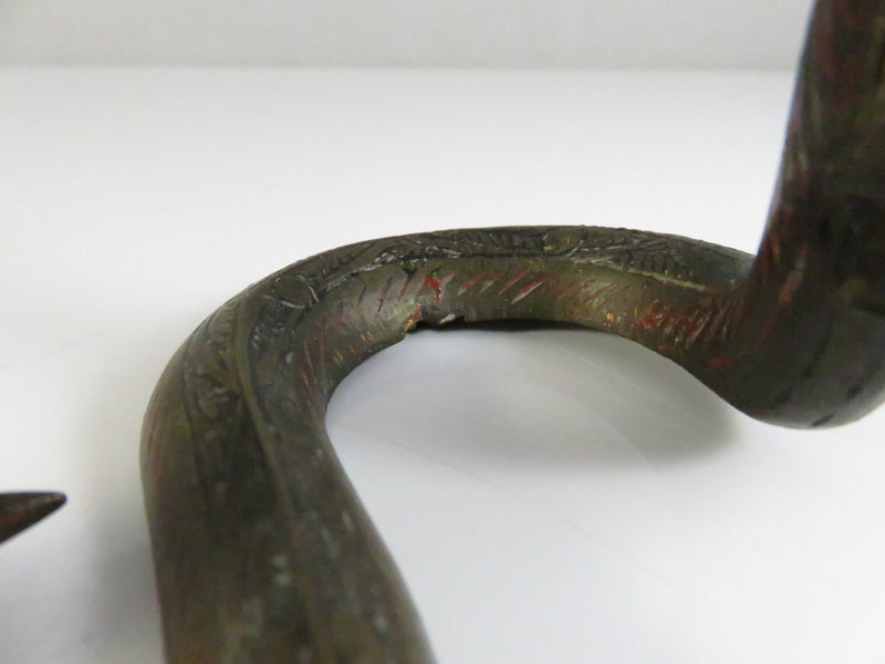 Serpent Brass Candlestick Holders Mid Century Indian Naga Form Lac Work Pair