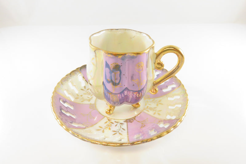 Vintage Japan Footed Iridescent Cup & Saucer; Gilt Floral Leaf Teacup & Saucer