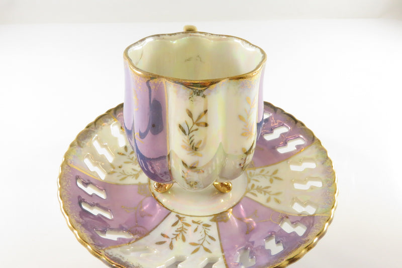 Vintage Japan Footed Iridescent Cup & Saucer; Gilt Floral Leaf Teacup & Saucer