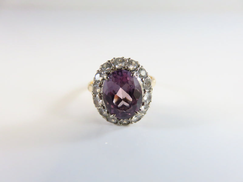 9K Gold Synthetic Purple Sapphire with Faceted Quartz Surround Size 6 1/4