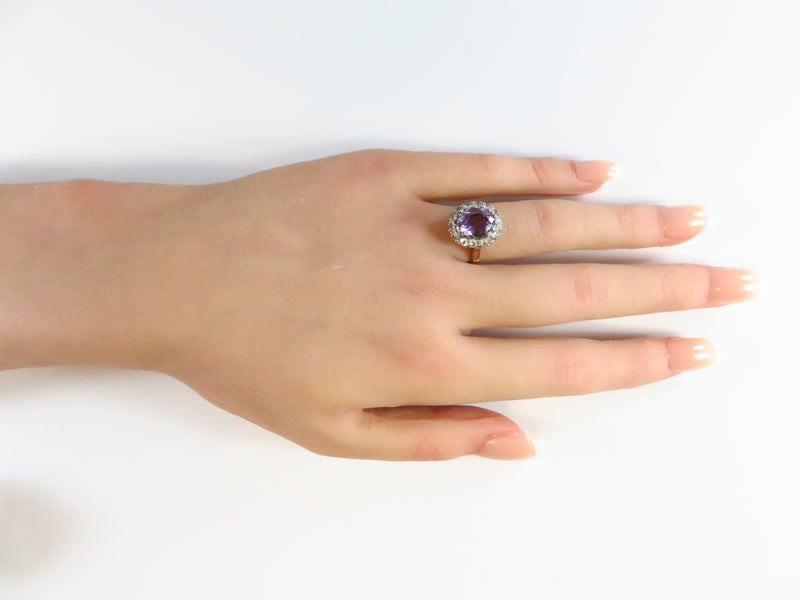 9K Gold Synthetic Purple Sapphire with Faceted Quartz Surround Size 6 1/4