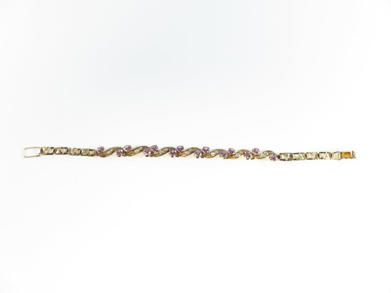 Vintage 9K Gold Synthetic Purple Sapphire & Quartz Bracelet 7" Length