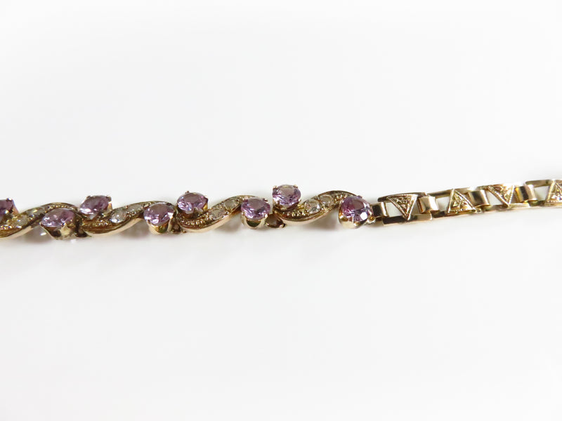 Vintage 9K Gold Synthetic Purple Sapphire & Quartz Bracelet 7" Length