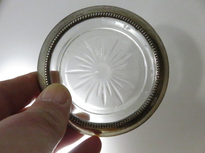 Frank M Whiting Sterling Rim Crystal Wine Glass Coaster 3 7/8 Inch Patent Pending Vintage