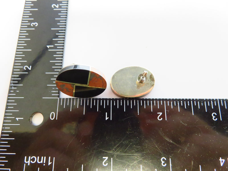 Vintage Obsidian and Onyx Inlaid Sterling Silver Oval Post Earrings Mexico