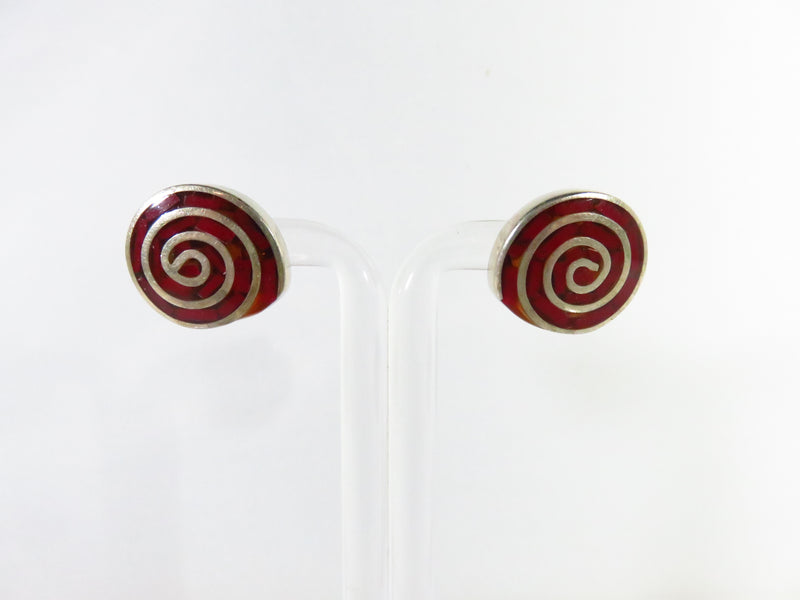 Spiral Shell Form Earrings Red Sterling Silver Post Earrings Mexico