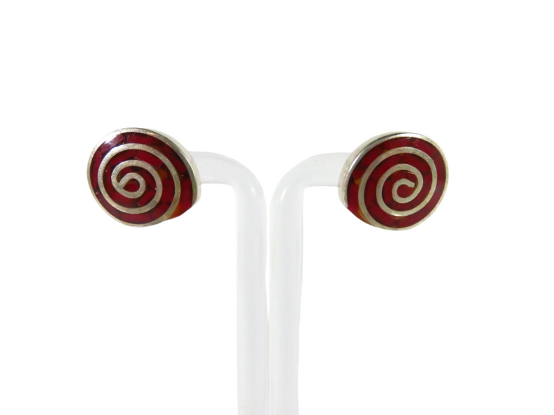 Spiral Shell Form Earrings Red Sterling Silver Post Earrings Mexico