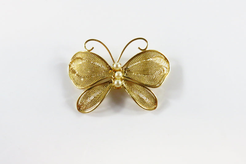 Gilt Gold Filigree Butterfly Pin with 3 Faux Pearls 1 5/8" W x 1" High