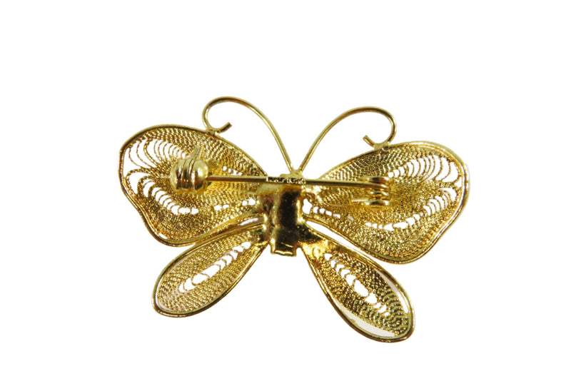 Gilt Gold Filigree Butterfly Pin with 3 Faux Pearls 1 5/8" W x 1" High