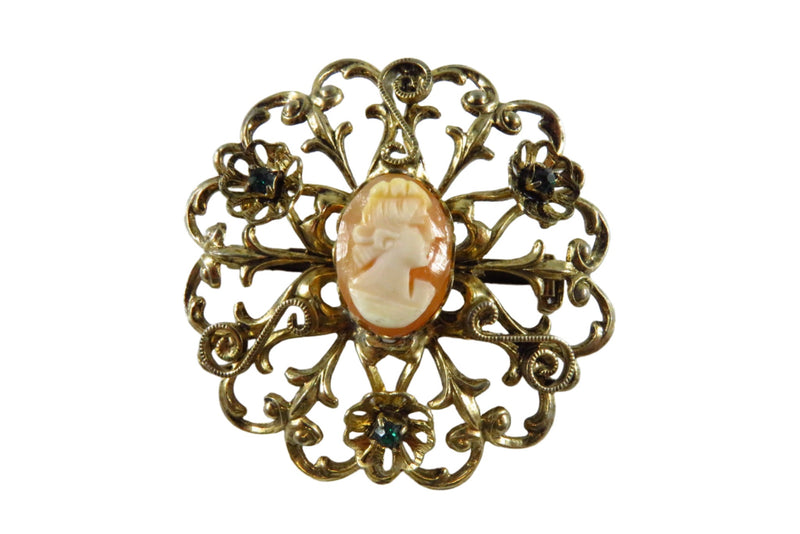 Round Gilded Floral Brooch Green Flower Paste Stones Cameo Center 1 3/4"