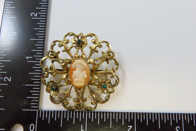 Round Gilded Floral Brooch Green Flower Paste Stones Cameo Center 1 3/4"