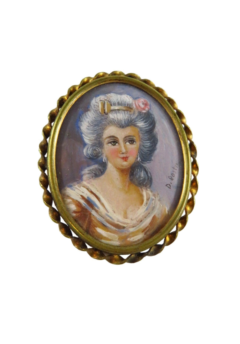 French Portrait Miniature Brooch Under Glass Signed D. Rostir Gilded Brass — Jewelry & Watches:Vintage & Antique Jewelry:Fine
