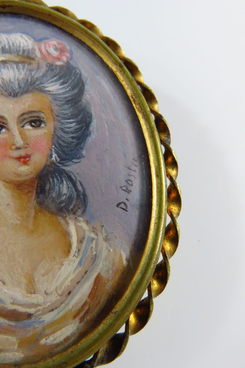 French Portrait Miniature Brooch Under Glass Signed D. Rostir Gilded Brass