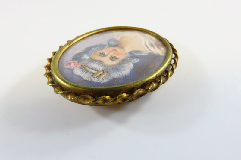 French Portrait Miniature Brooch Under Glass Signed D. Rostir Gilded Brass