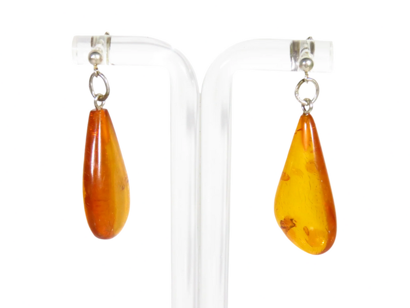 Tear Drop Amber Sterling Silver 1 1/2" Drop Dangle Earrings Pre-Owned