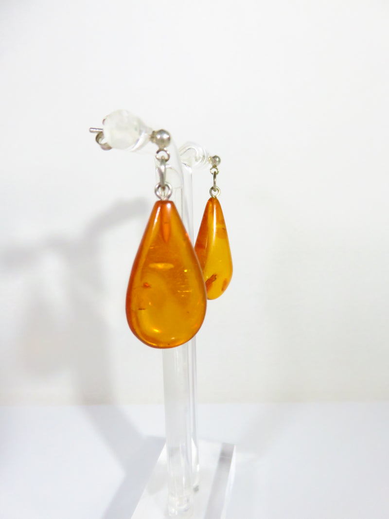 Tear Drop Amber Sterling Silver 1 1/2" Drop Dangle Earrings Pre-Owned