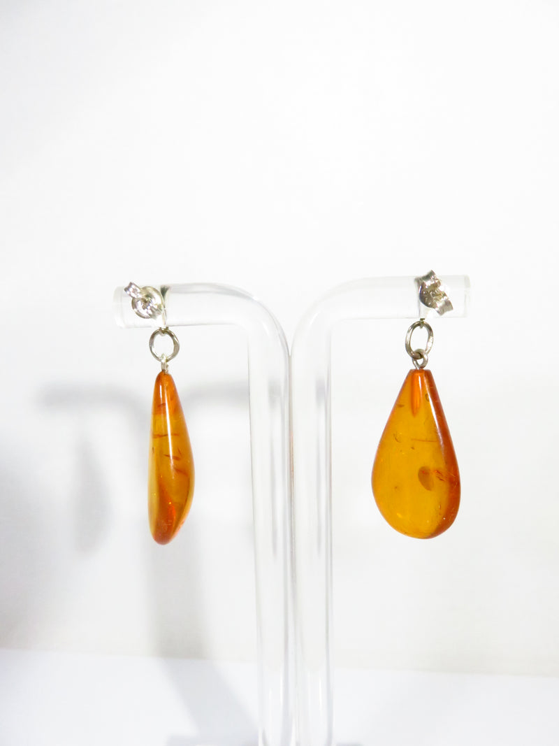 Tear Drop Amber Sterling Silver 1 1/2" Drop Dangle Earrings Pre-Owned