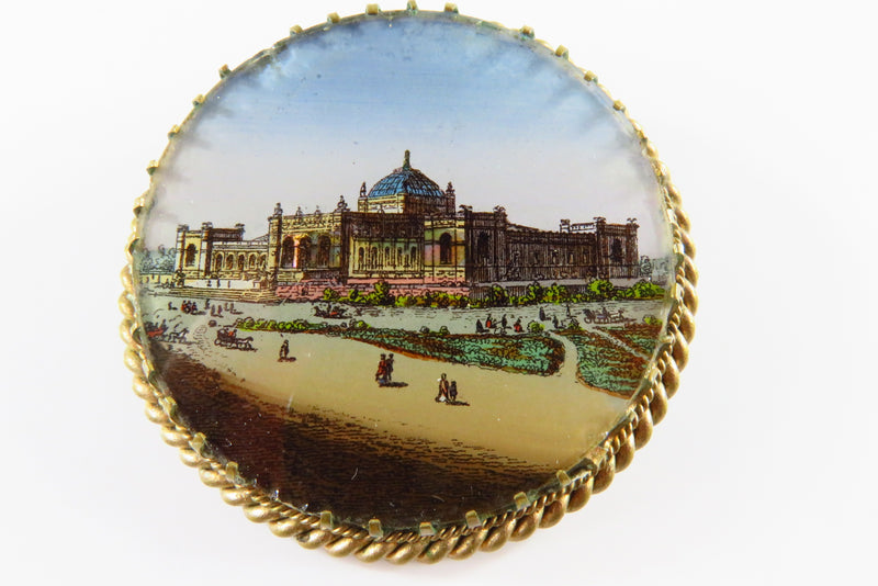 1876 Centennial International Exhibition Memorial Hall Painted Glass Brooch