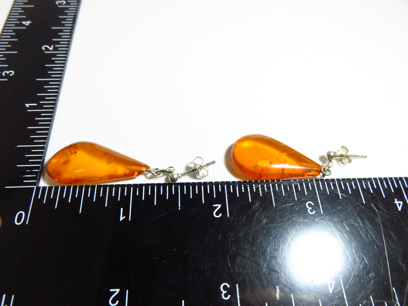 Tear Drop Amber Sterling Silver 1 1/2" Drop Dangle Earrings Pre-Owned