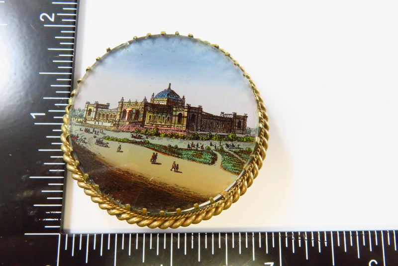 1876 Centennial International Exhibition Memorial Hall Painted Glass Brooch