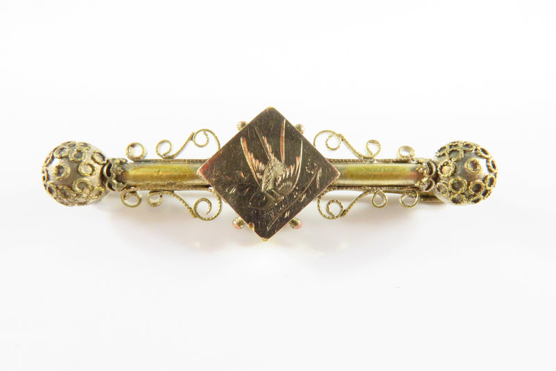 Victorian Etruscan Style Bar Pin with Bird Etching and Ball Ends