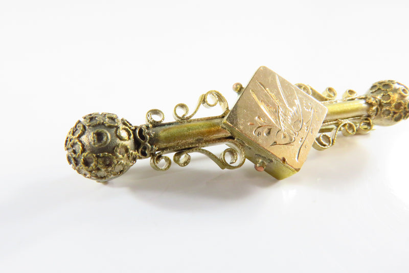 Victorian Etruscan Style Bar Pin with Bird Etching and Ball Ends
