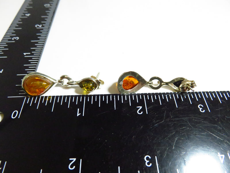 Yellow & Honey Baltic Amber Dangling Earrings Sterling Silver 1 1/4" Drop