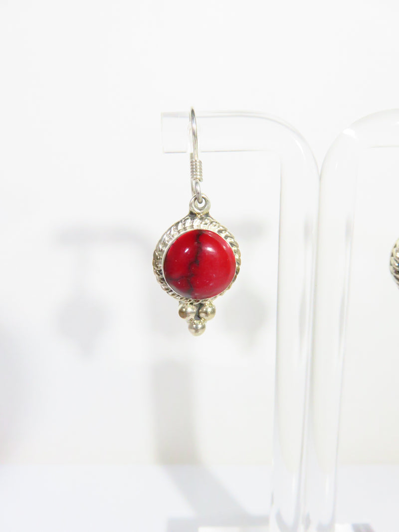 Red Jasper Dangling Earrings Mexico Sterling Silver 1 1/2" Drop French Wire