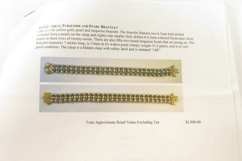 Beautiful 83 Pearl 52 Turquoise 7" TL Bracelet 14K Yellow Gold Setting 33.4 Gram