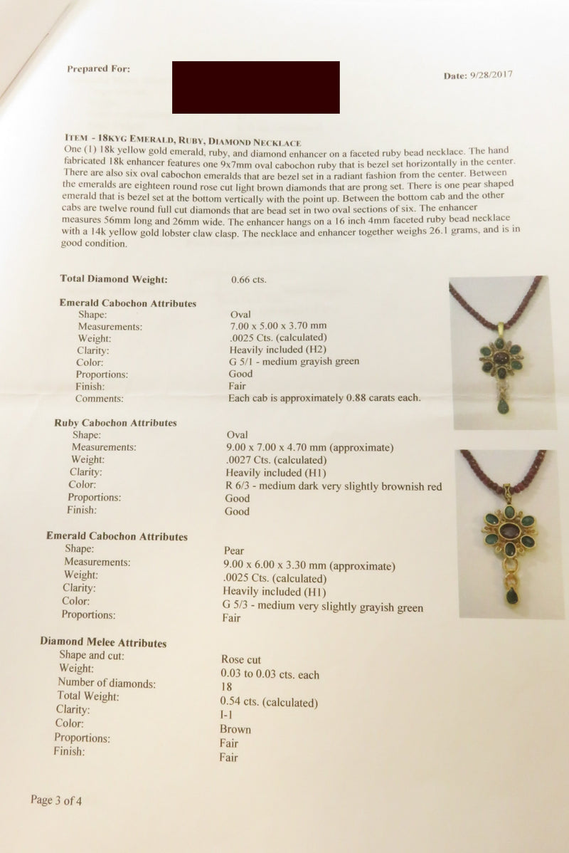 18K Gold 30 Diamond 6 Emerald & Ruby Enhancer With Custom Ruby Necklace