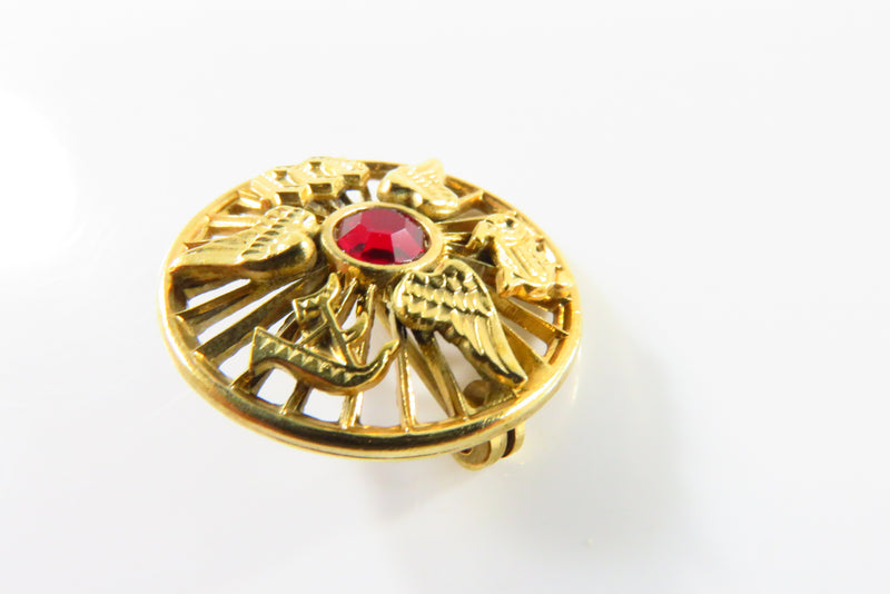 Vintage Gilt Vanity Pin with Red Paste Stone Wings and LAW