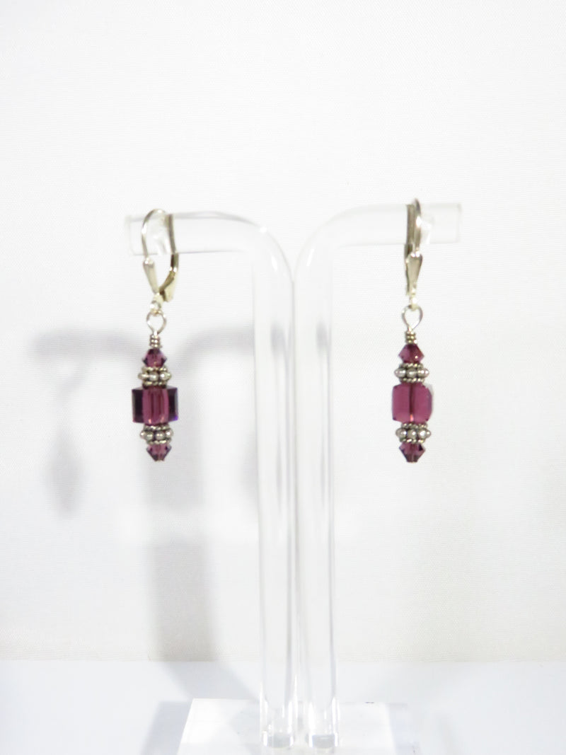 Sterling Silver Purple Crystal Dangling Earrings Lever Back 1 1/2" Drop