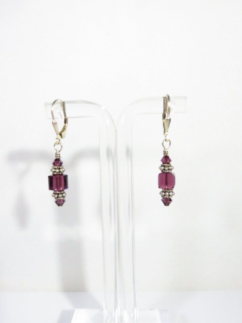 Sterling Silver Purple Crystal Dangling Earrings Lever Back 1 1/2" Drop