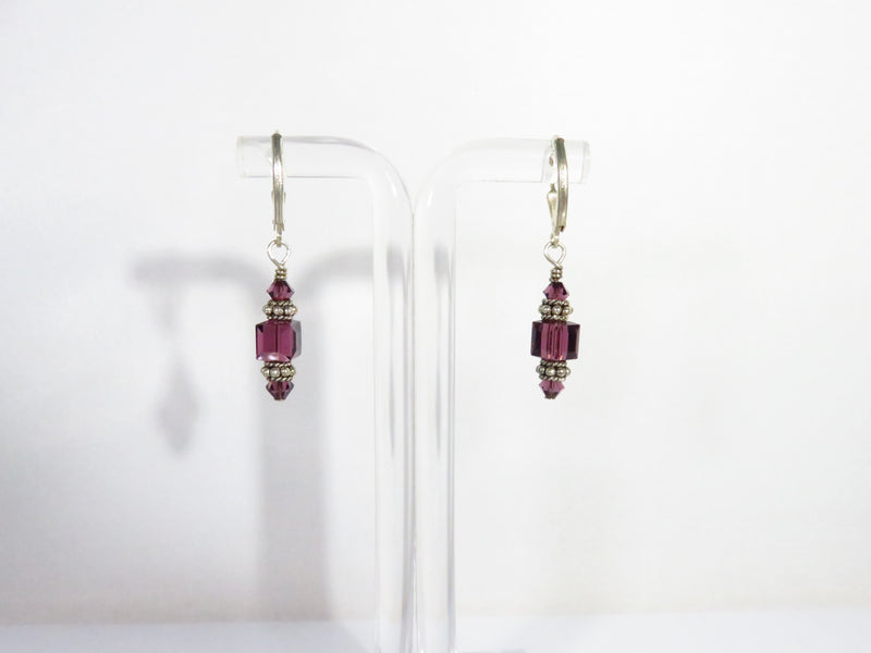 Sterling Silver Purple Crystal Dangling Earrings Lever Back 1 1/2" Drop