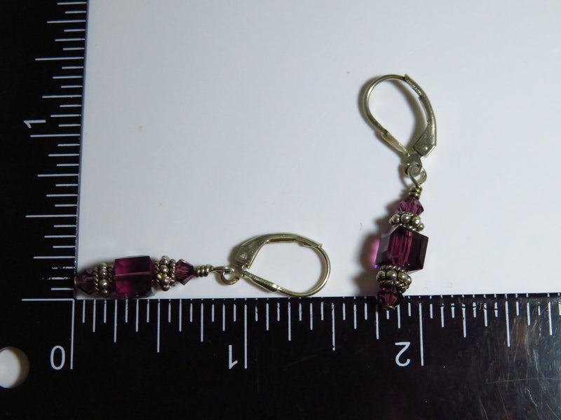 Sterling Silver Purple Crystal Dangling Earrings Lever Back 1 1/2" Drop