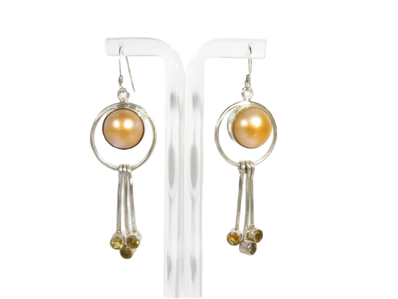 Modernist Pearl Dangling Earring Set Colored Glass Stones Sterling Silver — Jewelry & Watches:Vintage & Antique Jewelry:Fine: