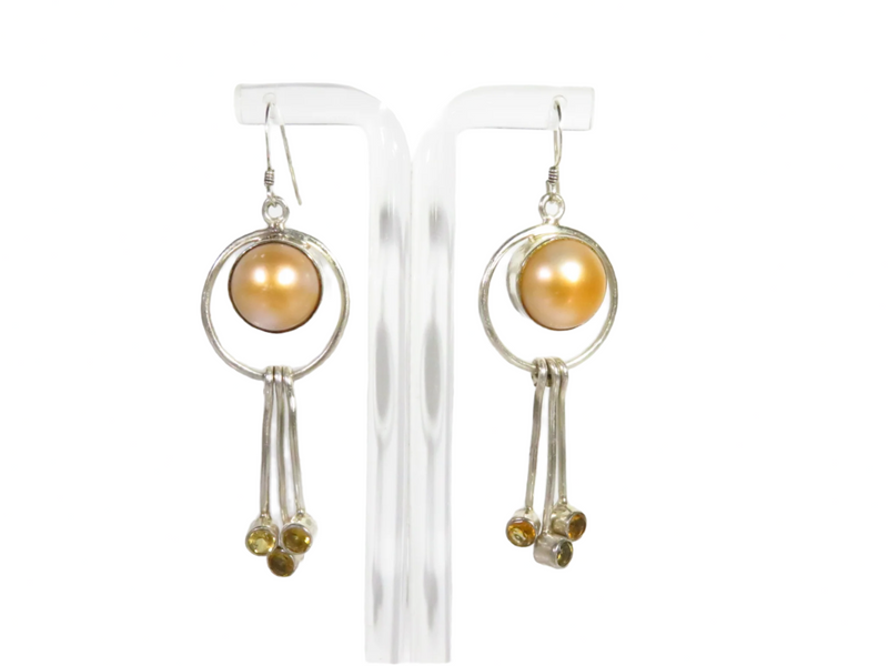 Modernist Pearl Dangling Earring Set Colored Glass Stones Sterling Silver