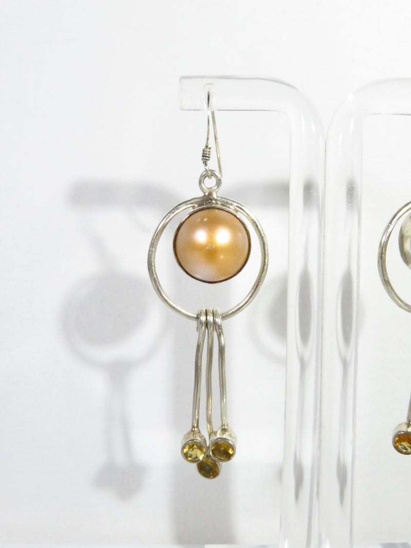 Modernist Pearl Dangling Earring Set Colored Glass Stones Sterling Silver