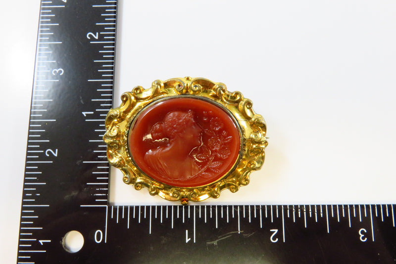Victorian Style Gold Gilt Repousse Metal Cameo Brooch Pin 1 7/8"