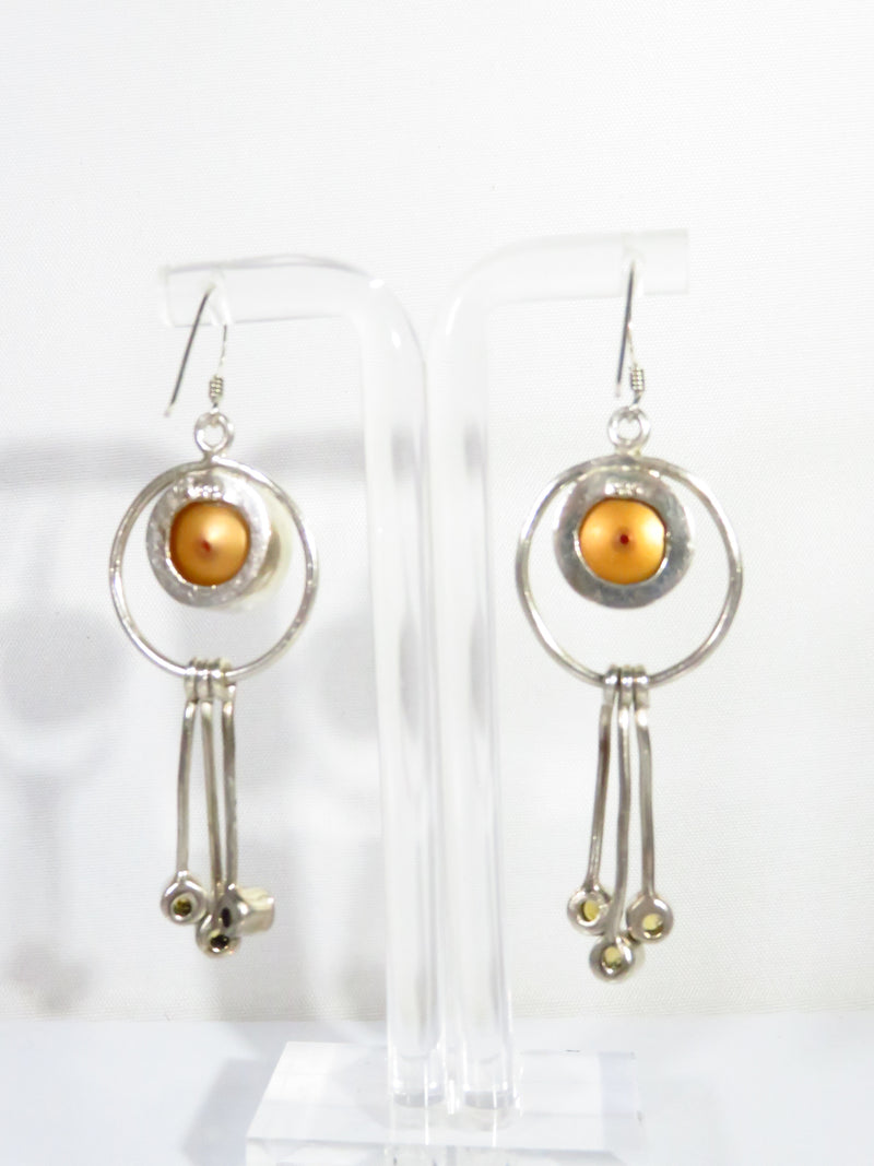 Modernist Pearl Dangling Earring Set Colored Glass Stones Sterling Silver