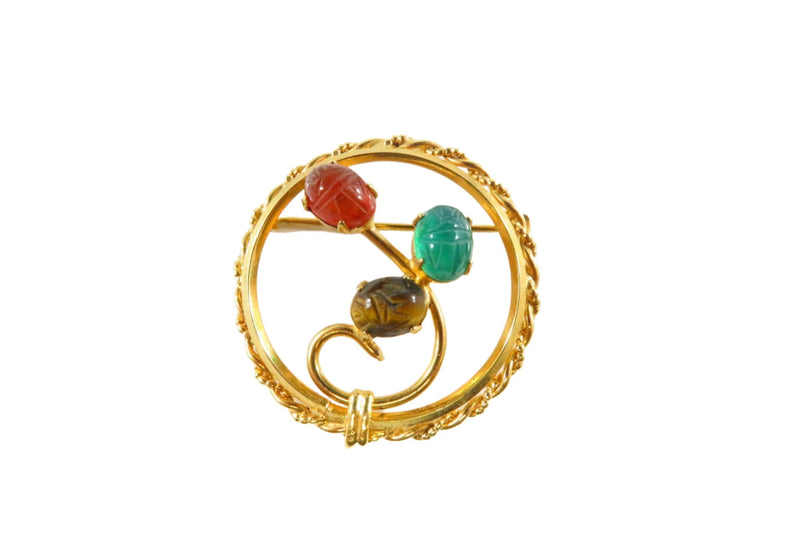 Egyptian Revival Round Swirling Scarab Brooch Orange, Green and Brown Scarabs — Jewelry & Watches:Vintage & Antique Jewelry:F
