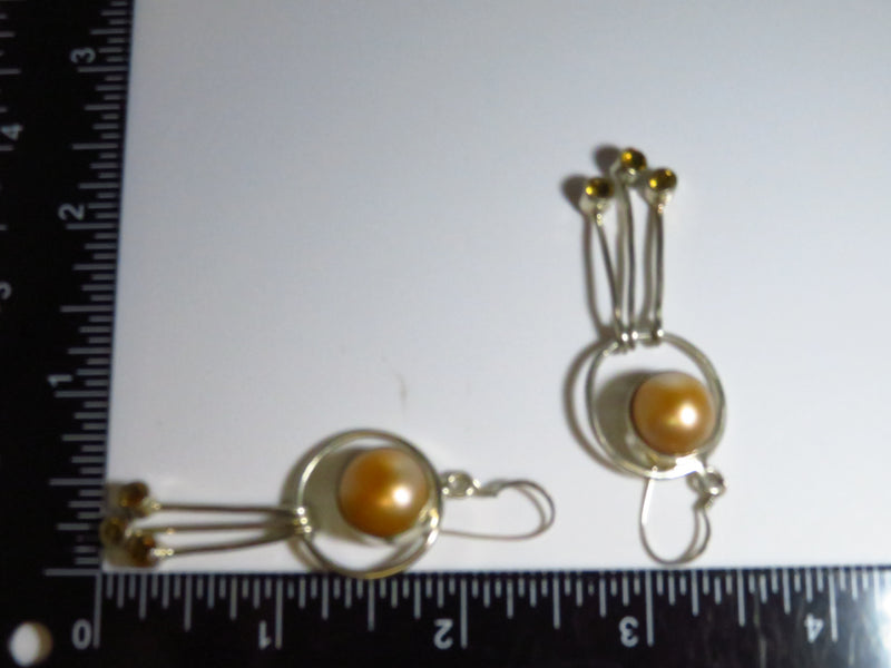 Modernist Pearl Dangling Earring Set Colored Glass Stones Sterling Silver