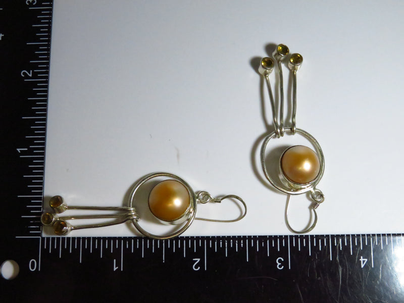 Modernist Pearl Dangling Earring Set Colored Glass Stones Sterling Silver