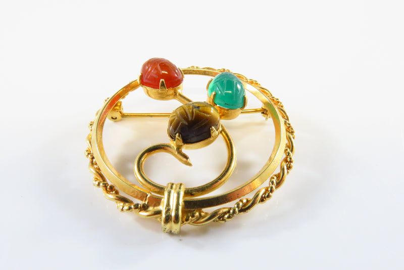 Egyptian Revival Round Swirling Scarab Brooch Orange, Green and Brown Scarabs