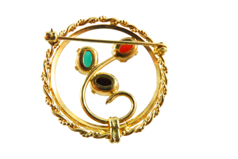 Egyptian Revival Round Swirling Scarab Brooch Orange, Green and Brown Scarabs