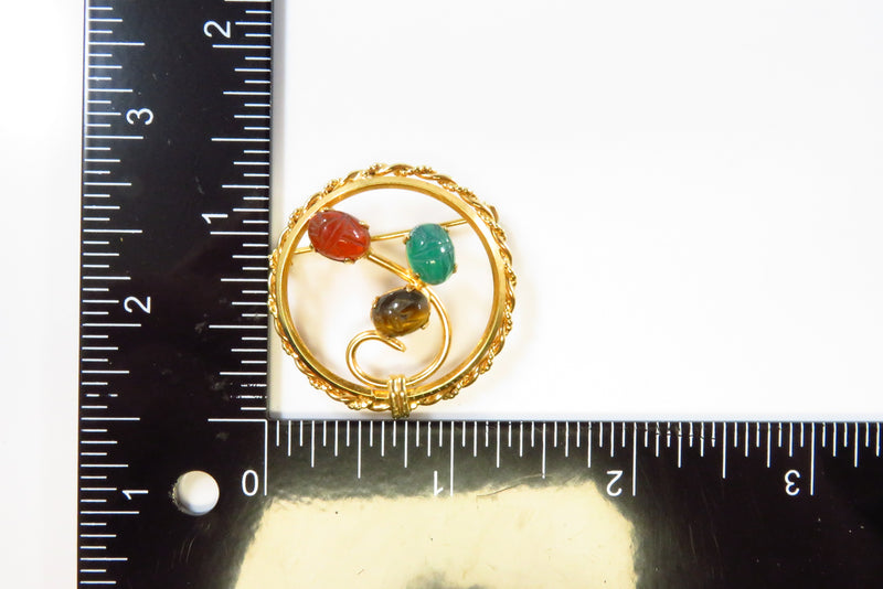 Egyptian Revival Round Swirling Scarab Brooch Orange, Green and Brown Scarabs