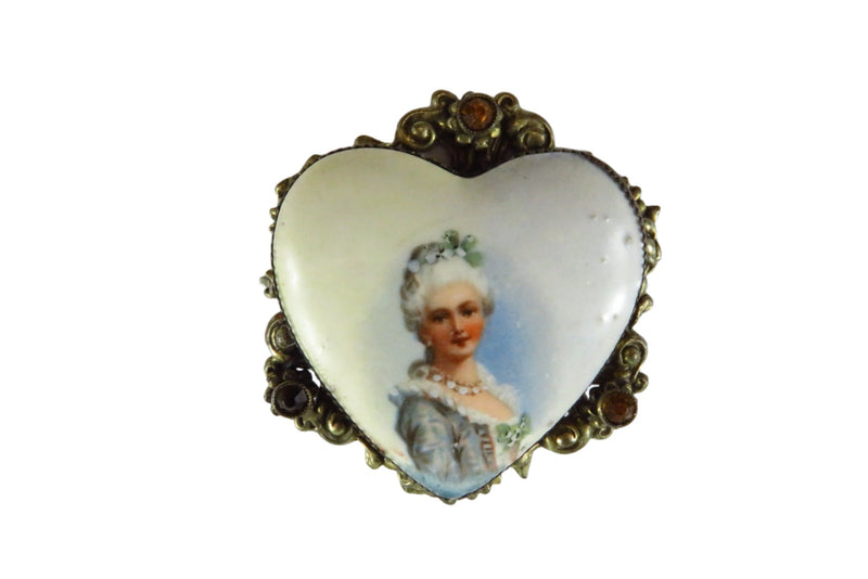Vintage Brass Painted Porcelain Image of Woman Pressed Metal Heart Form Brooch