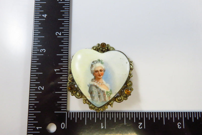 Vintage Brass Painted Porcelain Image of Woman Pressed Metal Heart Form Brooch