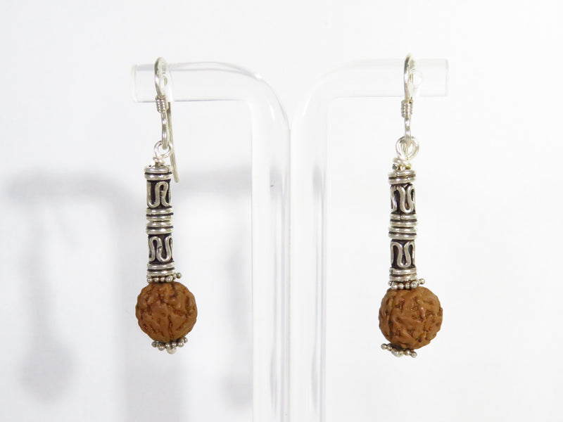 Sterling Silver Dangling Earrings with French Hook, Tubular Beads, and Rudraksha Seed for Wellbeing