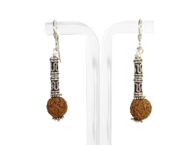 Sterling Silver Dangling Earrings with French Hook, Tubular Beads, and Rudraksha Seed for Wellbeing